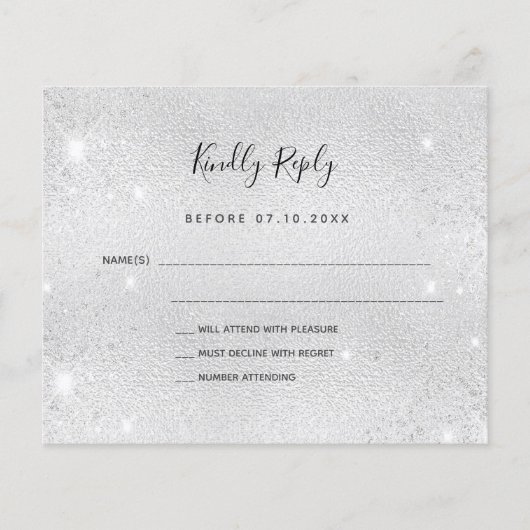 Zilveren glitter bruiloft RSVP kaart (Voorkant)