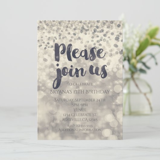 Zilveren Glitter Confetti Feest Uitnodiging voor I (Staand voorkant)