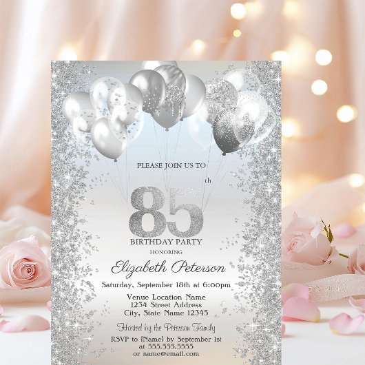 Zilveren Glitter Confettiballonnen 85e Verjaardag Kaart