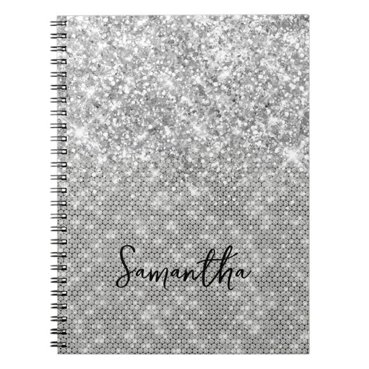 Zilveren Glitter Diamant Glam Script Naam Notitieboek (Voorkant)