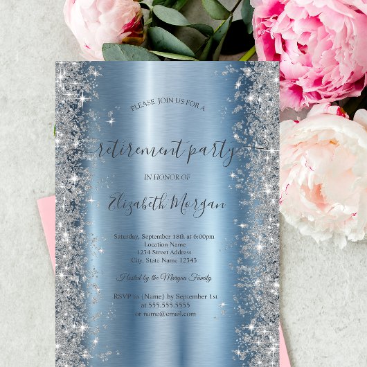 Zilveren Glitter Diamanten Blauwe Pensioenfeest Kaart