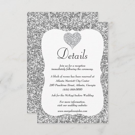 Zilveren Glitter Diamond Hart Bruiloft Details Informatiekaartje (Voorkant / Achterkant)