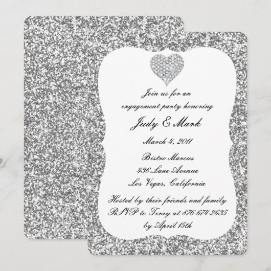 Zilveren Glitter Diamond Hart Verlovingsfeest Kaart (Voorkant / Achterkant)