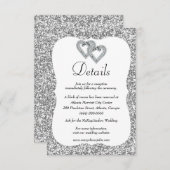 Zilveren Glitter Diamond Harten Bruiloft Details Informatiekaartje (Voorkant / Achterkant)