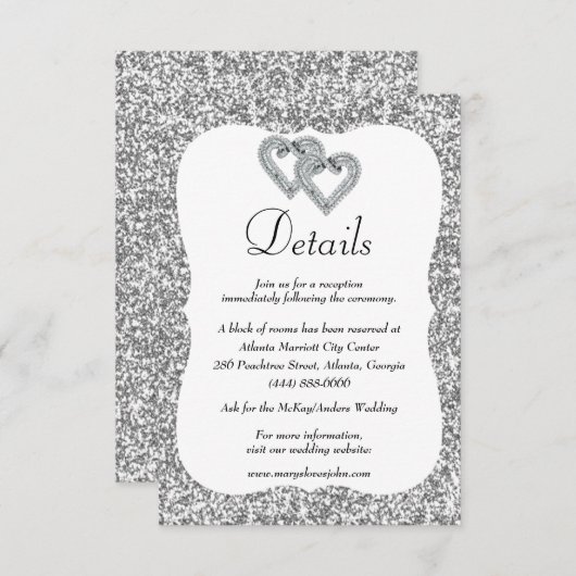 Zilveren Glitter Diamond Harten Bruiloft Details Informatiekaartje (Voorkant / Achterkant)