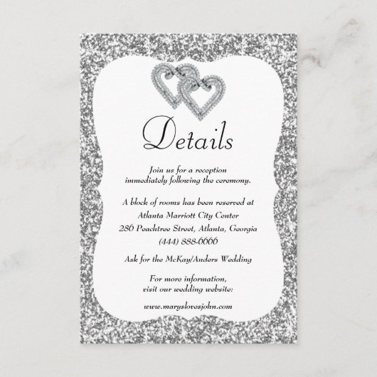 Zilveren Glitter Diamond Harten Bruiloft Details Informatiekaartje (Voorkant)