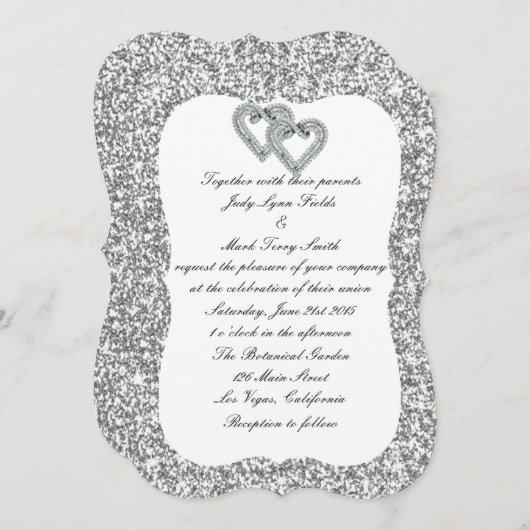 Zilveren Glitter Diamond Harten Bruiloft Uitnodigi Kaart (Voorkant / Achterkant)