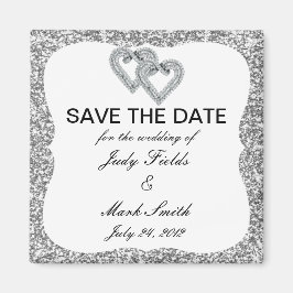 Zilveren Glitter Diamond Hearts Save The Date Magn Magneet