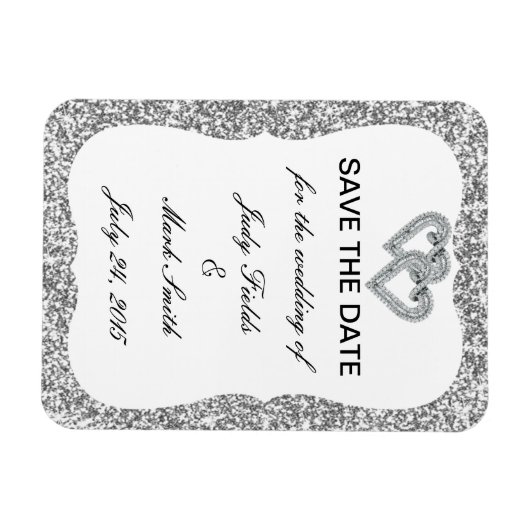 Zilveren Glitter Diamond Hearts Save The Date Magn Magneet (Horizontaal)