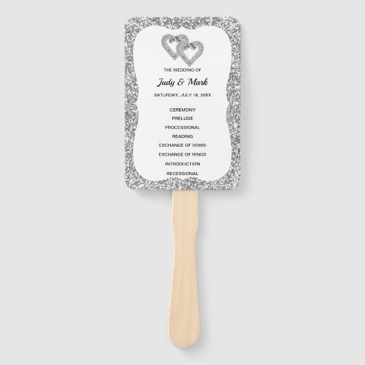 Zilveren Glitter Diamond Hearts Trouwprogramma Fan Handwaaier (Voorkant)