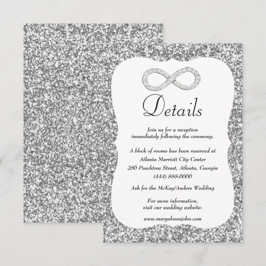 Zilveren Glitter Diamond Infinity Bruiloft Details Informatiekaartje (Voorkant / Achterkant)