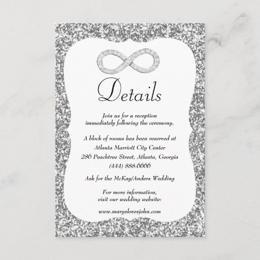 Zilveren Glitter Diamond Infinity Bruiloft Details Informatiekaartje (Voorkant)