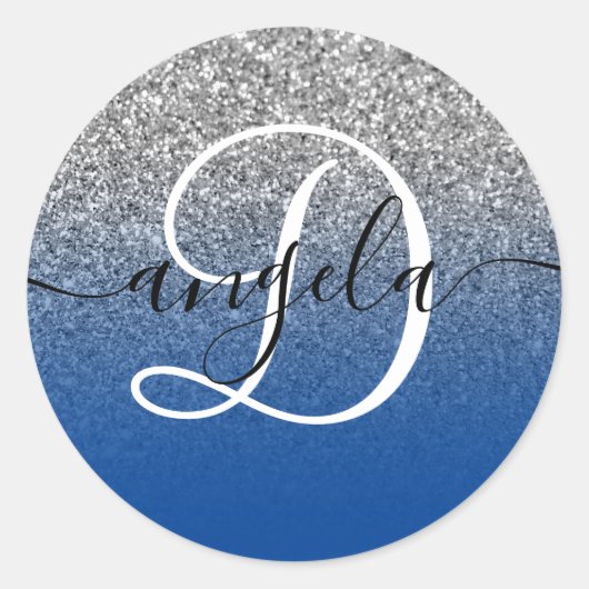Zilveren Glitter Diep Blauw Ombre Monogram Ronde Sticker (Voorkant)