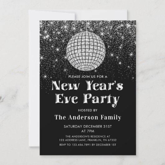 Zilveren Glitter Disco Ball Oudejaarsavond Party Kaart (Voorkant)