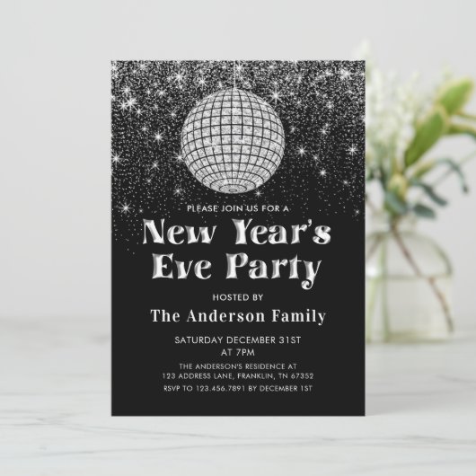 Zilveren Glitter Disco Ball Oudejaarsavond Party Kaart (Staand voorkant)