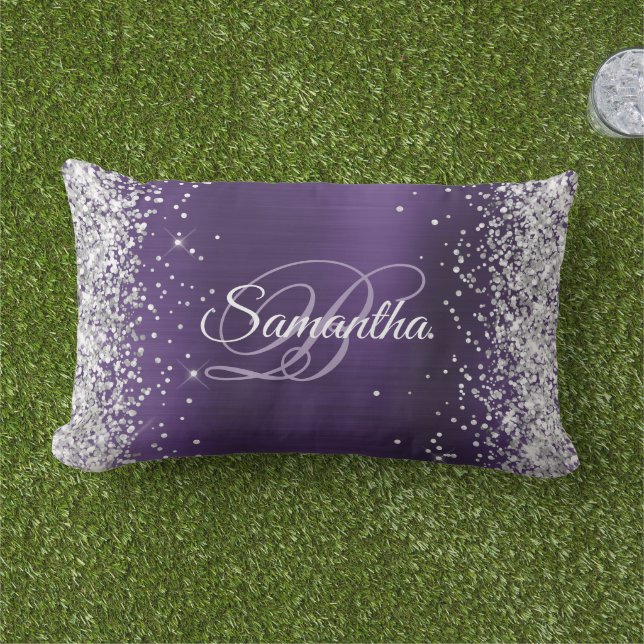 Zilveren Glitter Donker Violette Folie Fancy Monog Buitenkussen (Gras)