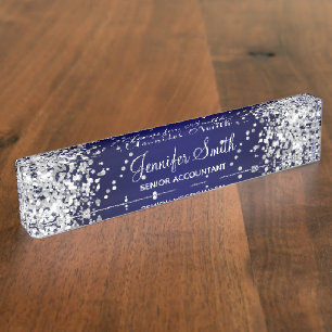 Zilveren Glitter Donkerblauwe Gradiënt Naambordje