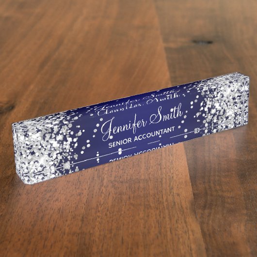 Zilveren Glitter Donkerblauwe Gradiënt Naambordje (Zijkant)
