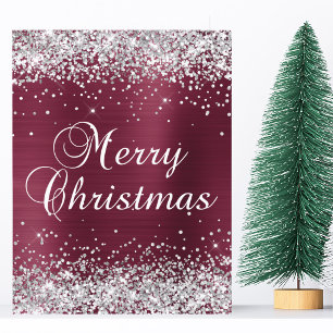 Zilveren Glitter Donkerrode Folie Merry Christmas Kaart