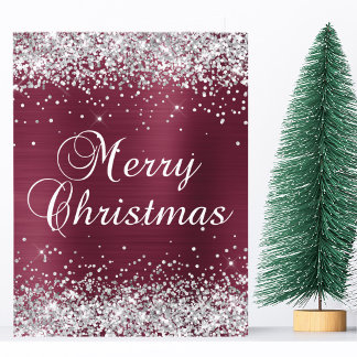 Zilveren Glitter Donkerrode Folie Merry Christmas Kaart