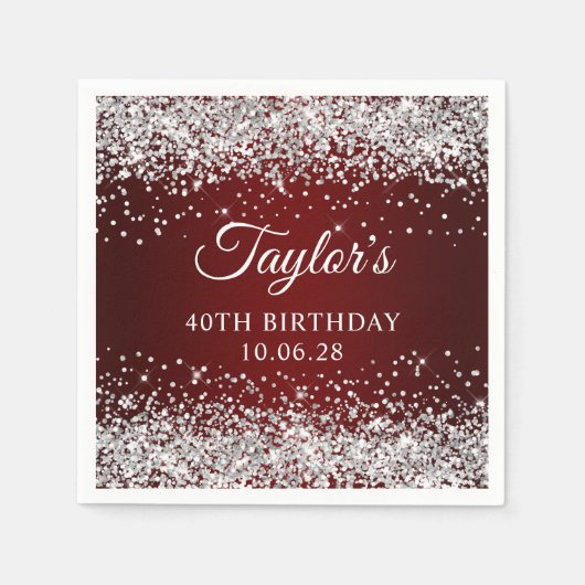 Zilveren Glitter Donkerrood Ombre 40e Verjaardag Servet (Voorkant)