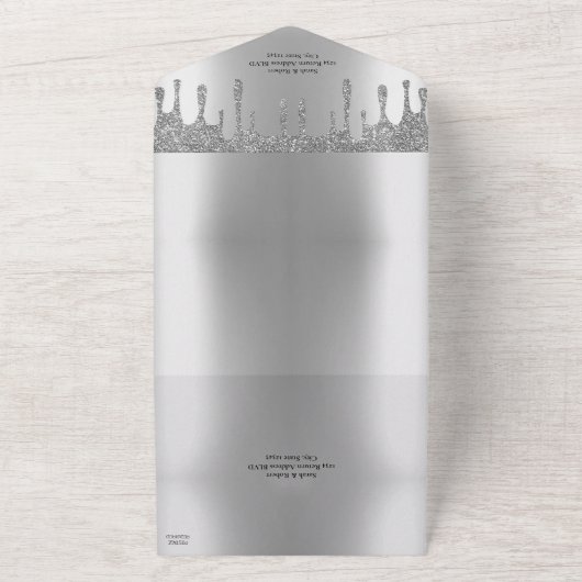 Zilveren Glitter Drip Bruiloft All In One Uitnodiging (Buitenkant)