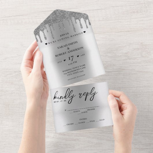 Zilveren Glitter Drip Bruiloft All In One Uitnodiging (Afscheurbaar)