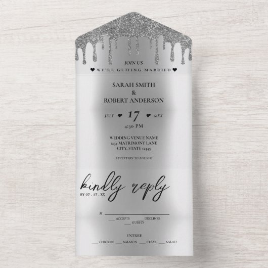 Zilveren Glitter Drip Bruiloft All In One Uitnodiging (Binnen)