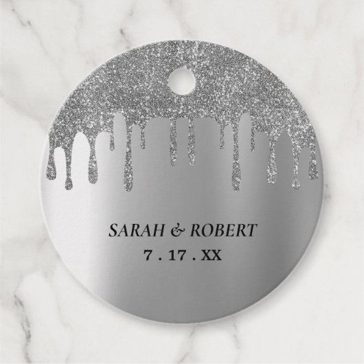 Zilveren Glitter Drip Bruiloft Bedankjes Labels (Voorkant)
