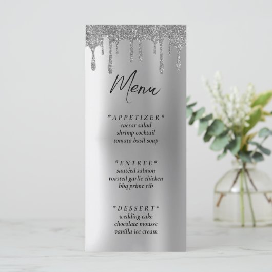 Zilveren Glitter Drip Bruiloft Receptie Menu (Staand voorkant)