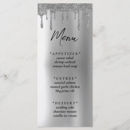 Zilveren Glitter Drip Bruiloft Receptie Menu (Voorkant)