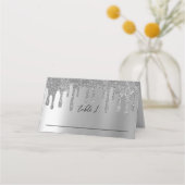 Zilveren Glitter Drip Bruiloft Receptie Plaatskaartje (Voorkant)
