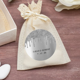 Zilveren Glitter Drip Bruiloft Ronde Sticker