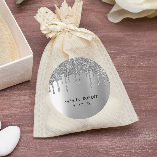 Zilveren Glitter Drip Bruiloft Ronde Sticker