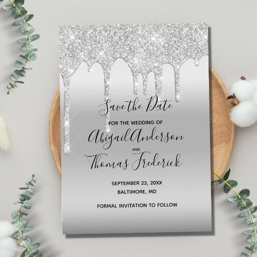 Zilveren Glitter Drip Glam Trendy Save The Date