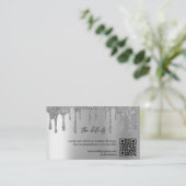 Zilveren Glitter Drip QR Code Bruiloft Details Informatiekaartje (Staand voorkant)