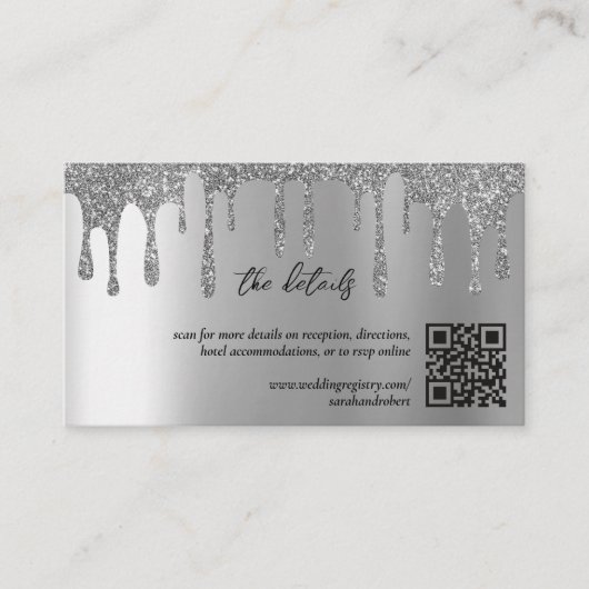 Zilveren Glitter Drip QR Code Bruiloft Details Informatiekaartje (Voorkant)