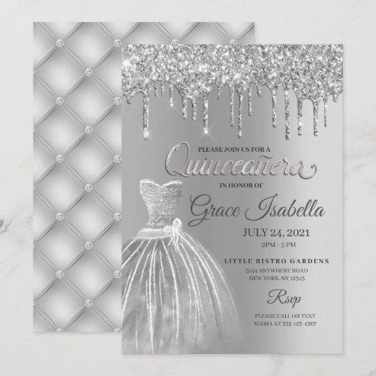 Zilveren Glitter Drip Quinceanera Verjaardag Kaart (Voorkant / Achterkant)