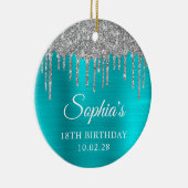 Zilveren Glitter Drips Aqua Blue 18e Verjaardag Fo Keramisch Ornament (Rechts)