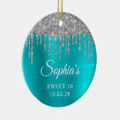 Zilveren Glitter Drips Aqua Blue Sweet 16 Foto Keramisch Ornament (Rechts)