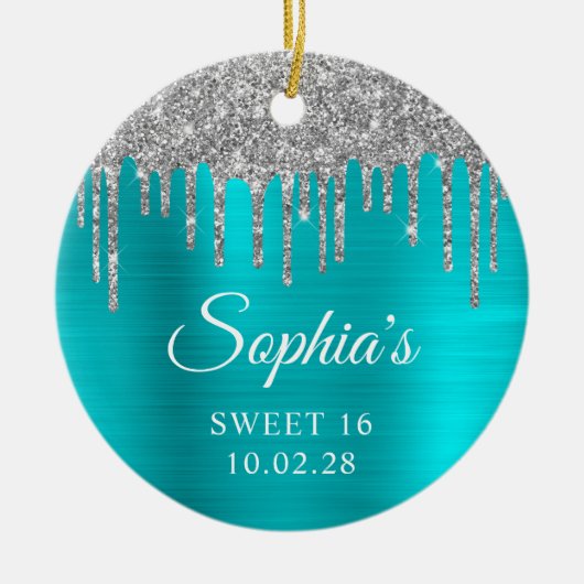 Zilveren Glitter Drips Aqua Blue Sweet 16 Foto Keramisch Ornament (Voorkant)