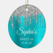 Zilveren Glitter Drips Aqua Blue Sweet 16 Foto Keramisch Ornament (Links)