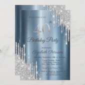 Zilveren Glitter Drips Blauw Metallic 40e Verjaard Kaart (Voorkant / Achterkant)