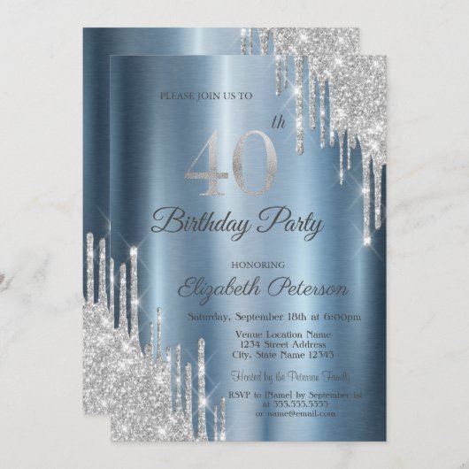 Zilveren Glitter Drips Blauw Metallic 40e Verjaard Kaart (Voorkant / Achterkant)