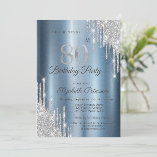 Zilveren Glitter Drips Blauw Metallic 80ste Verjaa Kaart (Staand voorkant)