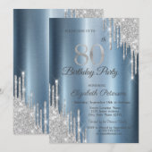 Zilveren Glitter Drips Blauw Metallic 80ste Verjaa Kaart (Voorkant / Achterkant)