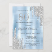 Zilveren Glitter Drips Blauw Metallic 80ste Verjaa Kaart (Voorkant)