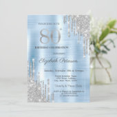 Zilveren Glitter Drips Blauw Metallic 80ste Verjaa Kaart (Staand voorkant)