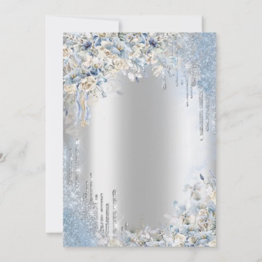 Zilveren Glitter Drips Blauwe Bloemen Zoet 16 Kaart (Achterkant)