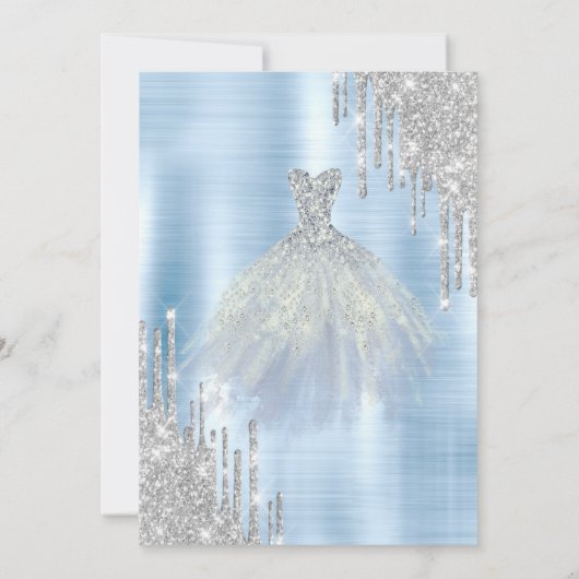 Zilveren Glitter Drips Blauwe Jurk Blauw Metallic Kaart (Achterkant)